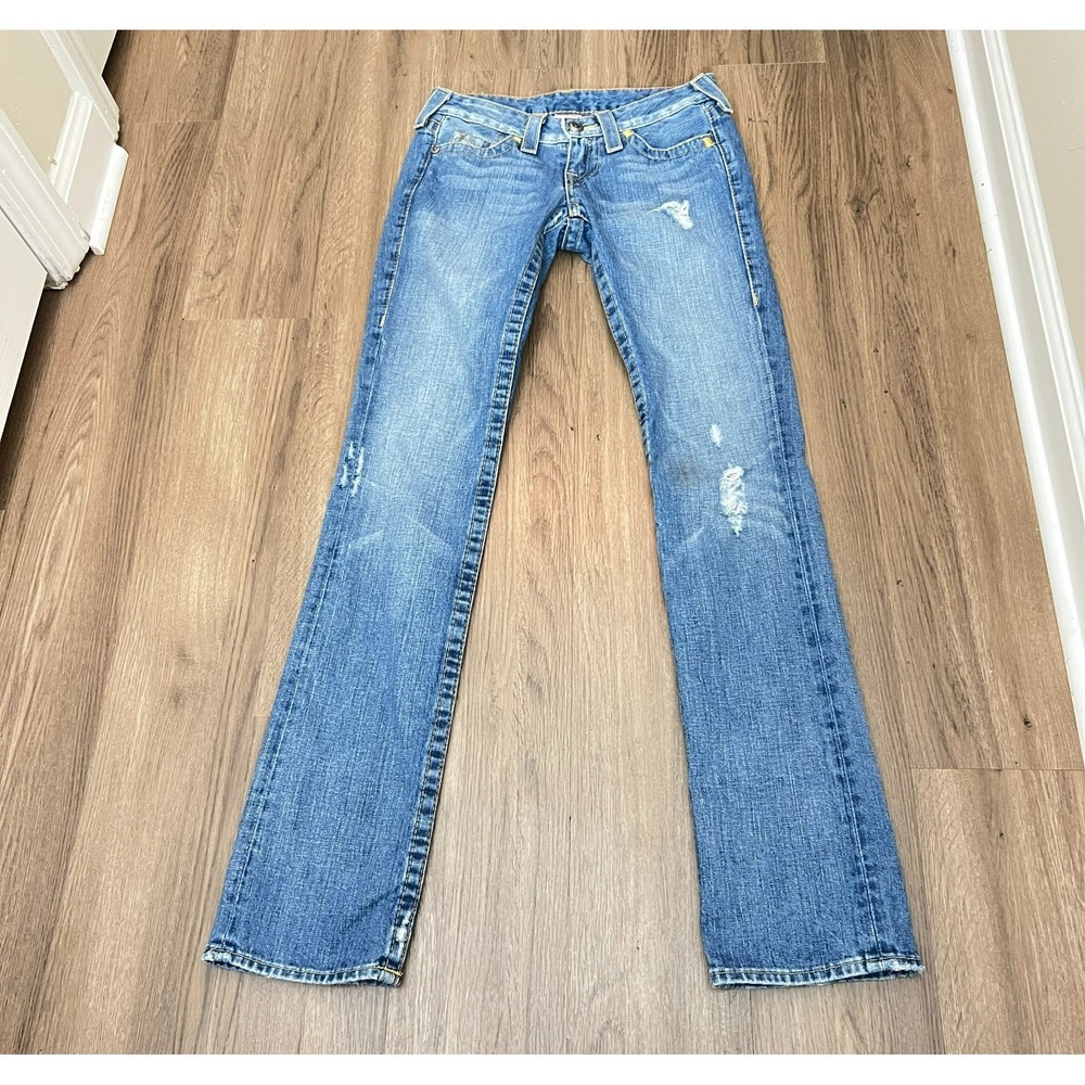 True Religion Slim Fit Jeans 25 Medium Wash Distressed Yellow Stitch Y2K Skinny